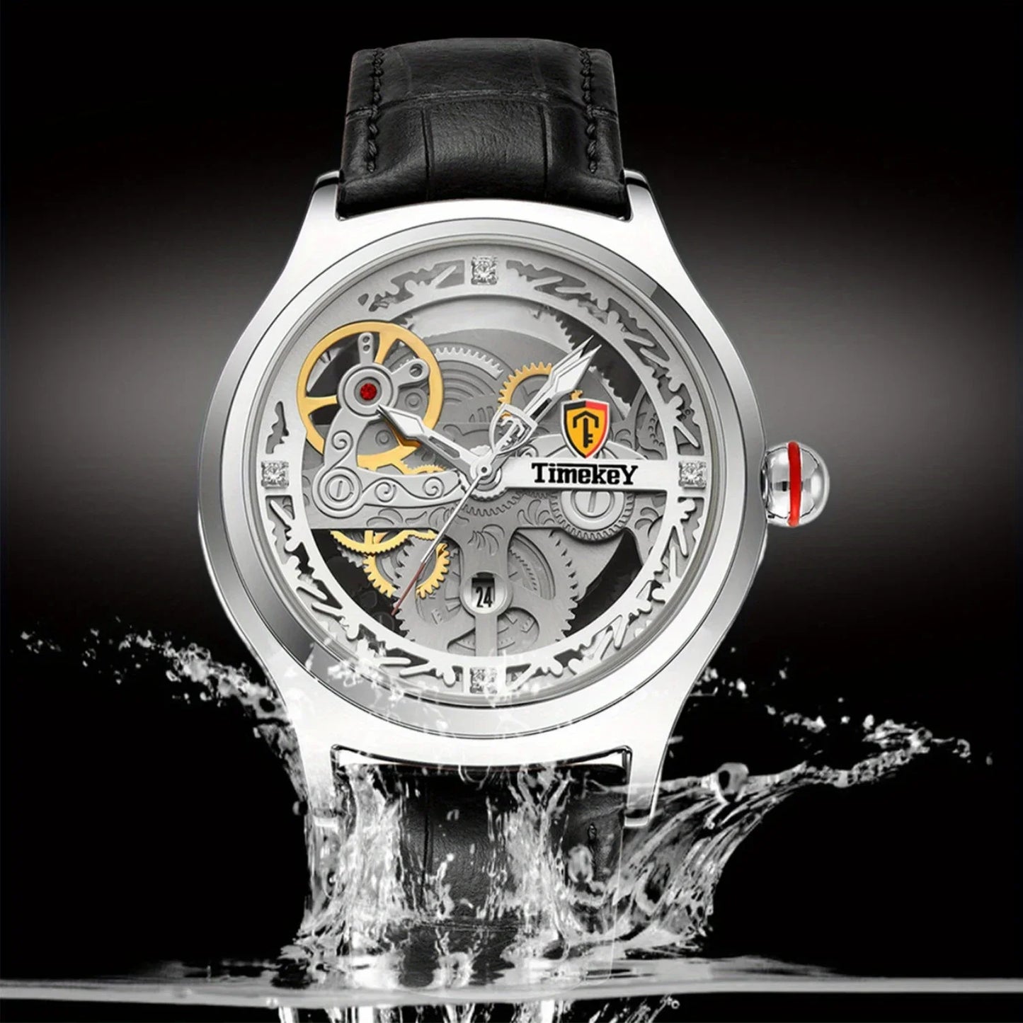 TimeKey-Fashion Classic Mechanical Style Stainless Steel Buckle Skeleton Dial Screw Crown Luminous Men's Quartz Watch