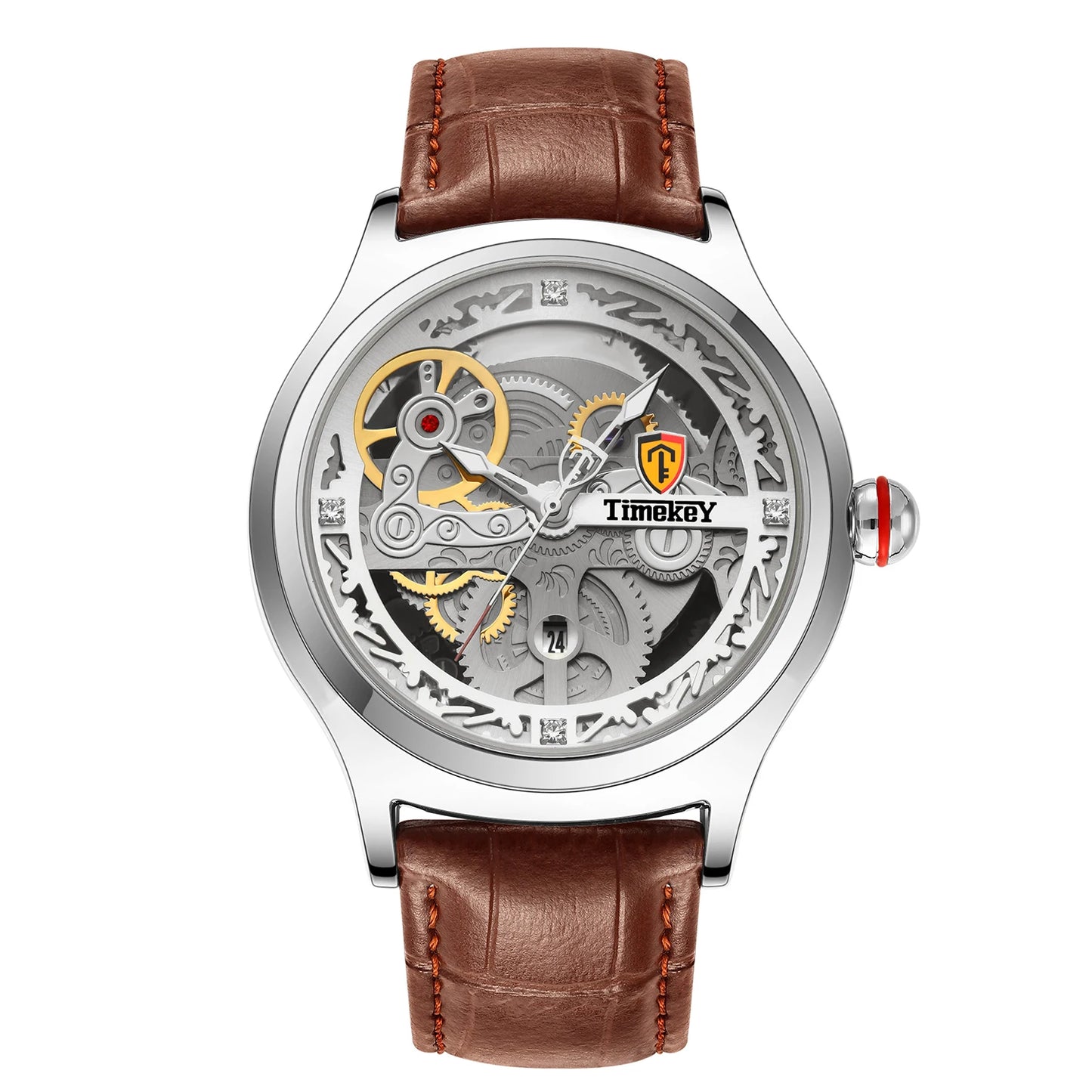 TimeKey-Fashion Classic Mechanical Style Stainless Steel Buckle Skeleton Dial Screw Crown Luminous Men's Quartz Watch