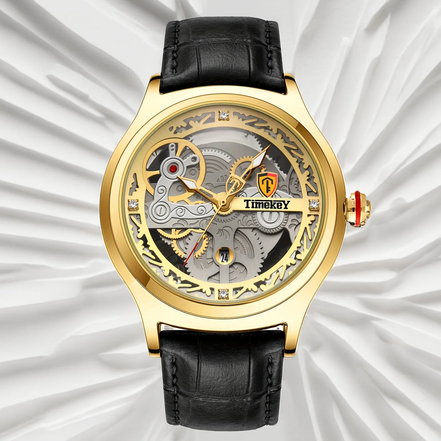 TimeKey-Fashion Classic Mechanical Style Stainless Steel Buckle Skeleton Dial Screw Crown Luminous Men's Quartz Watch