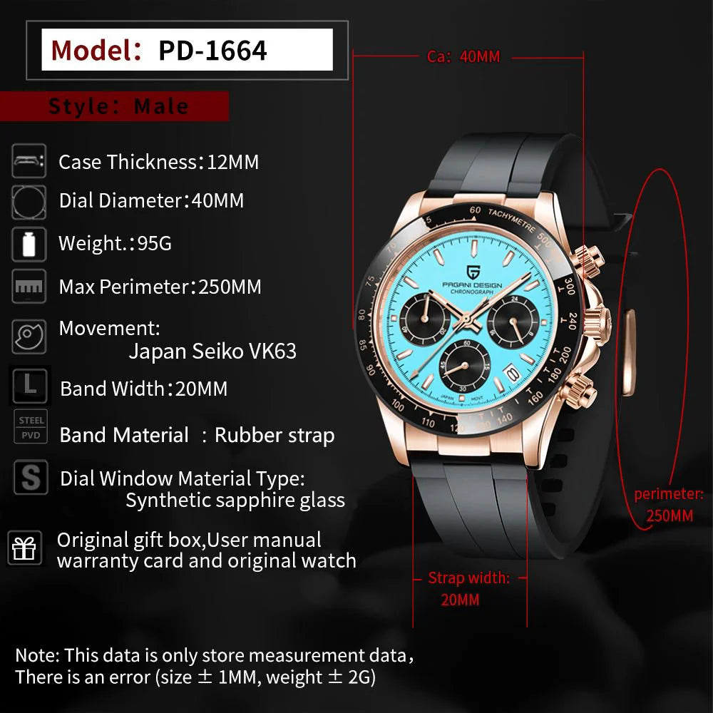 PAGANI DESIGN 40MM V2 Sky Blue Dial Classics Men Quartz Watches Sapphire Retro Chronograph Stainless Steel Waterproof Watch Men