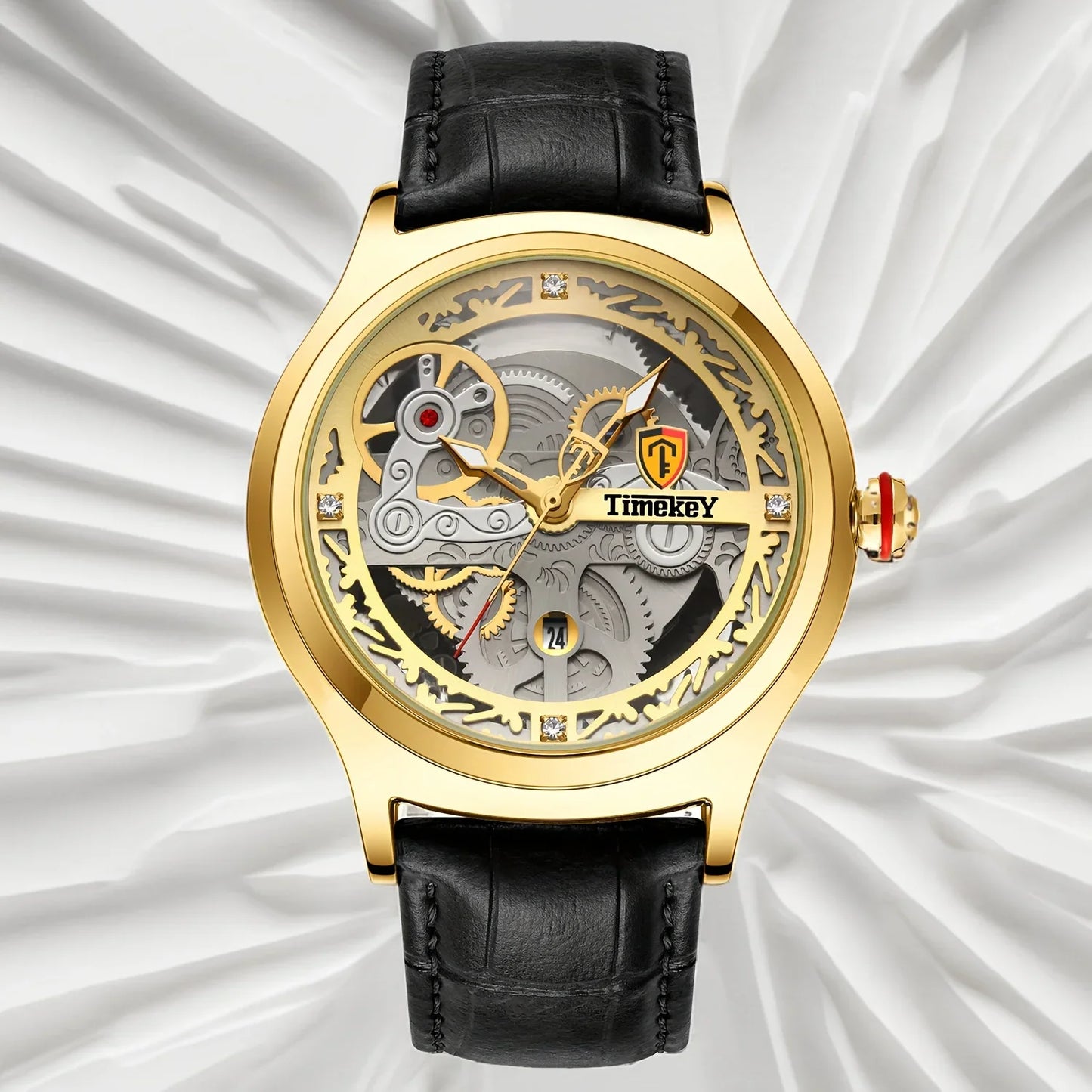 TimeKey-Fashion Classic Mechanical Style Stainless Steel Buckle Skeleton Dial Screw Crown Luminous Men's Quartz Watch