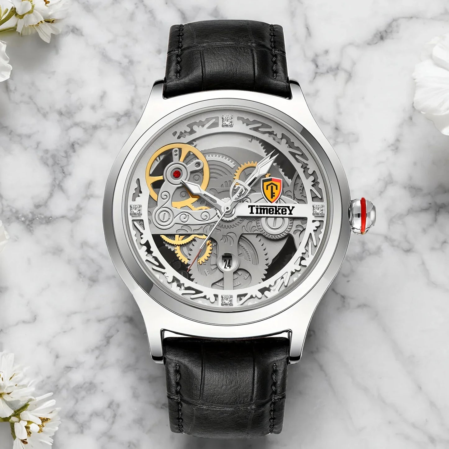 TimeKey-Fashion Classic Mechanical Style Stainless Steel Buckle Skeleton Dial Screw Crown Luminous Men's Quartz Watch