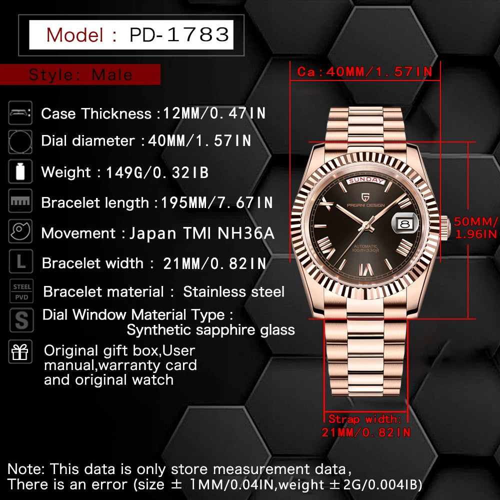 PAGANI DESIGN 2025 New Luxury Rose Gold DD40 Automatic Watch For Men NH36A Mechanical Wristwatch Men Stainless steel Waterproof