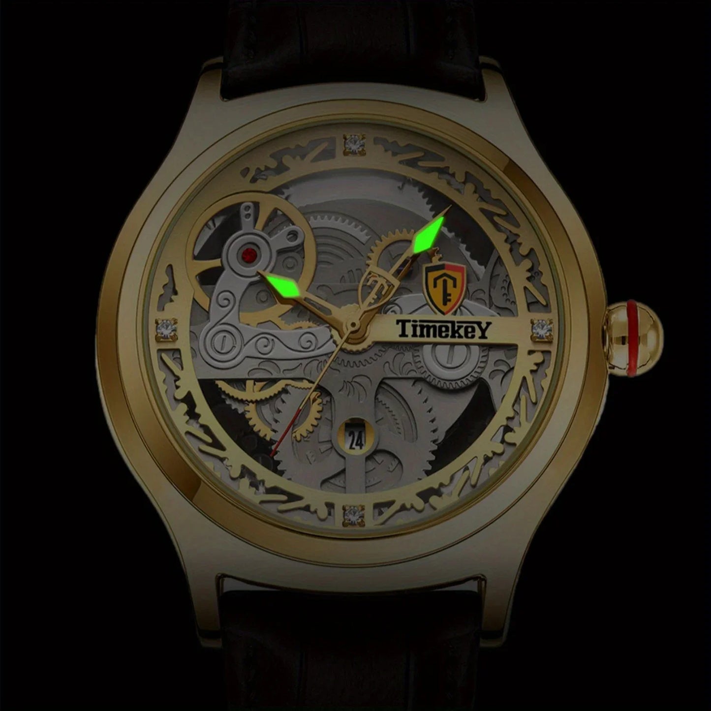TimeKey-Fashion Classic Mechanical Style Stainless Steel Buckle Skeleton Dial Screw Crown Luminous Men's Quartz Watch