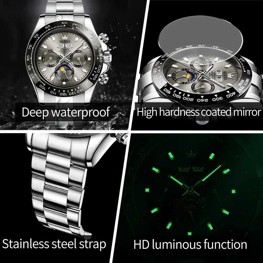 6654 Luxury Mens Watch Chronograph Automatic Mechanical Wristwatch Waterproof Luminous Top Brand Watch for Man Date Sport